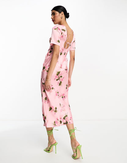 ASOS DESIGN satin midi tea dress with lace up back detail  in spaced rose floral