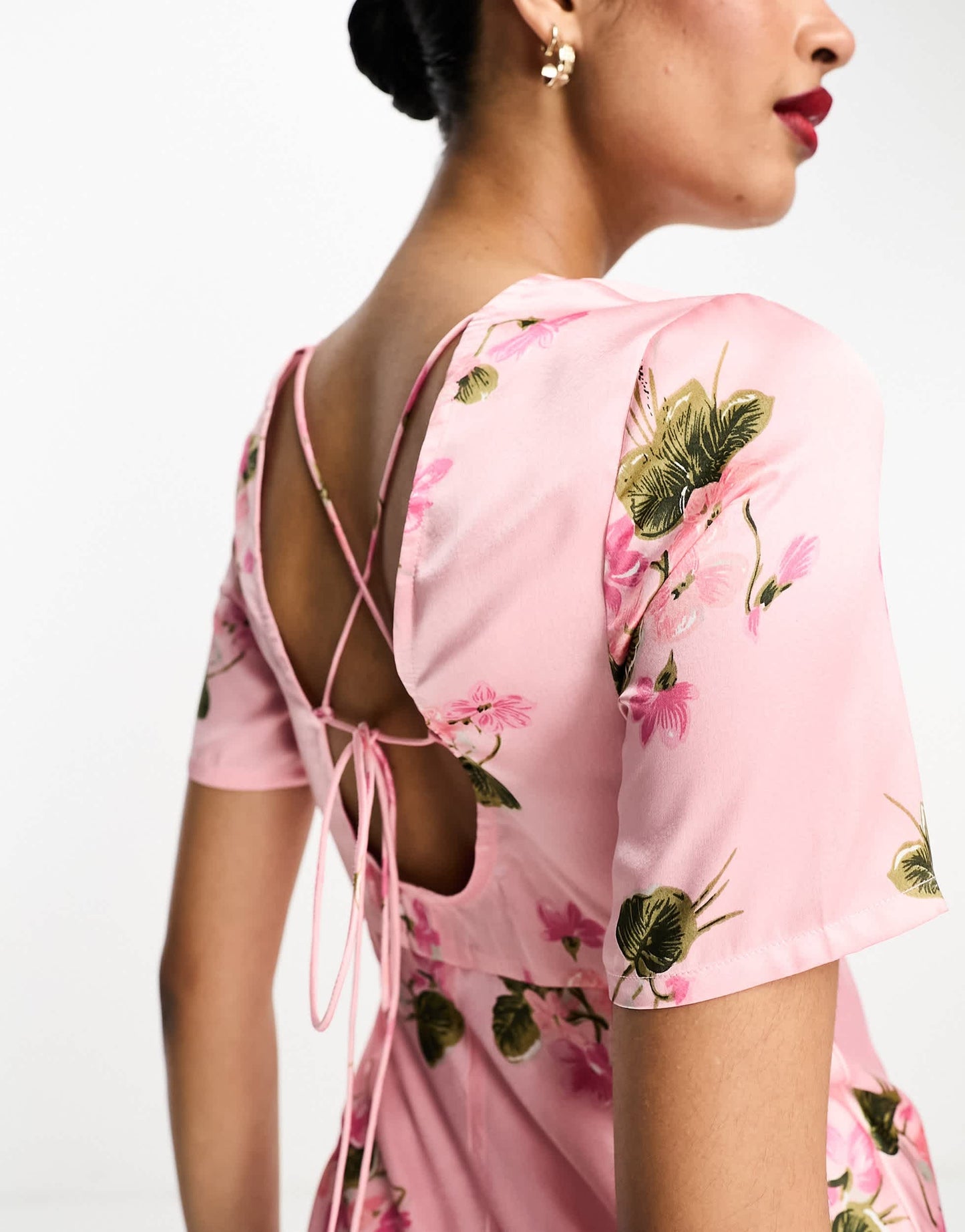 ASOS DESIGN satin midi tea dress with lace up back detail  in spaced rose floral