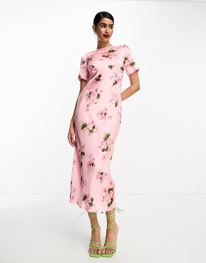 ASOS DESIGN satin midi tea dress with lace up back detail  in spaced rose floral