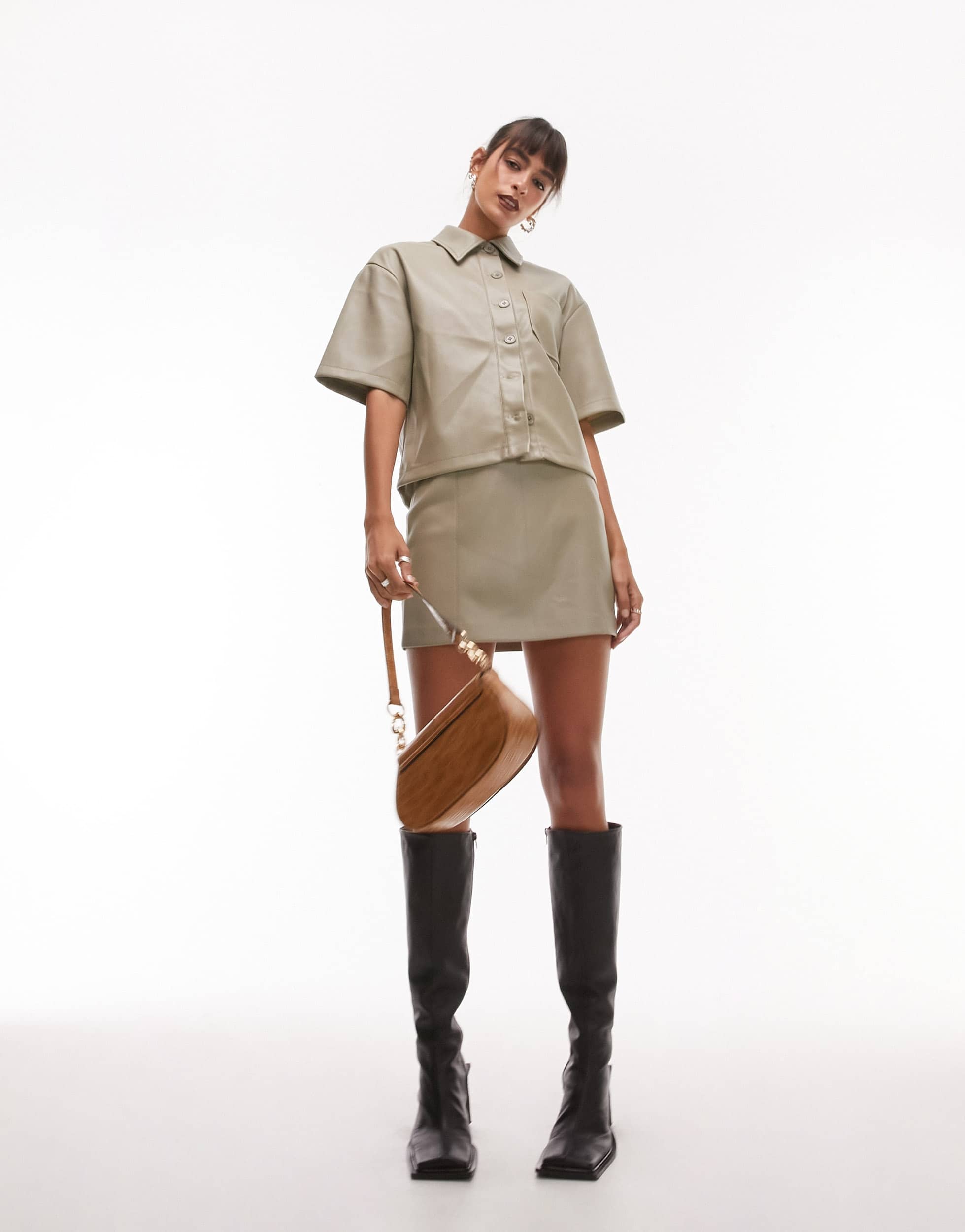 Topshop co-ord leather look mini skirt in dark khaki