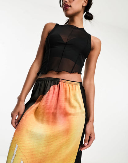COLLUSION satin maxi slip skirt with lace hem in print