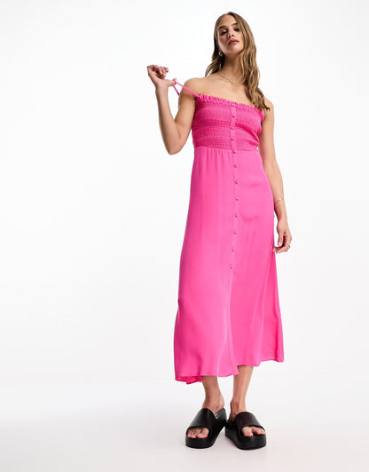 Whistles Gracia smocked midi dress in bright pink