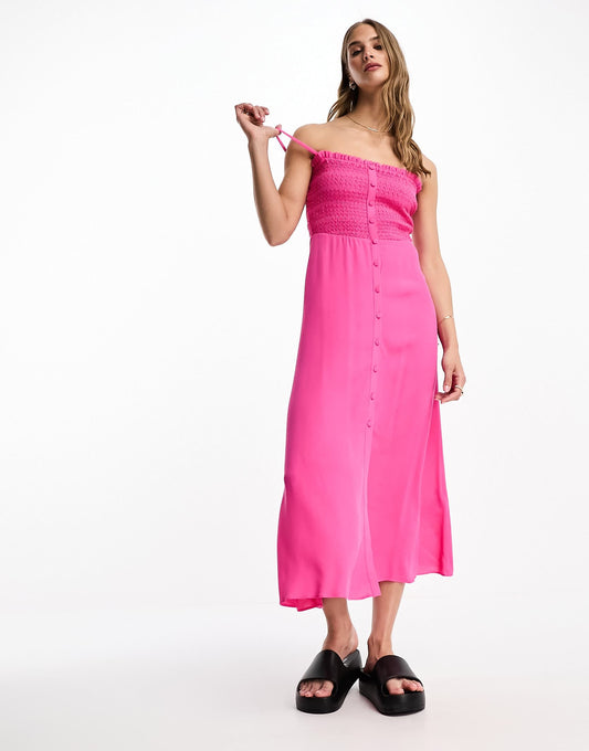 Whistles Gracia smocked midi dress in bright pink