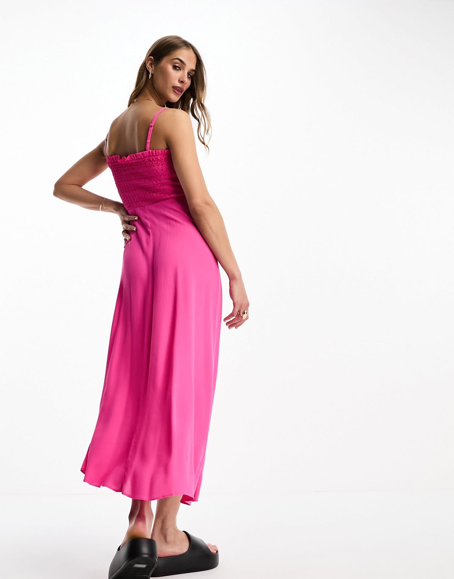 Whistles Gracia smocked midi dress in bright pink