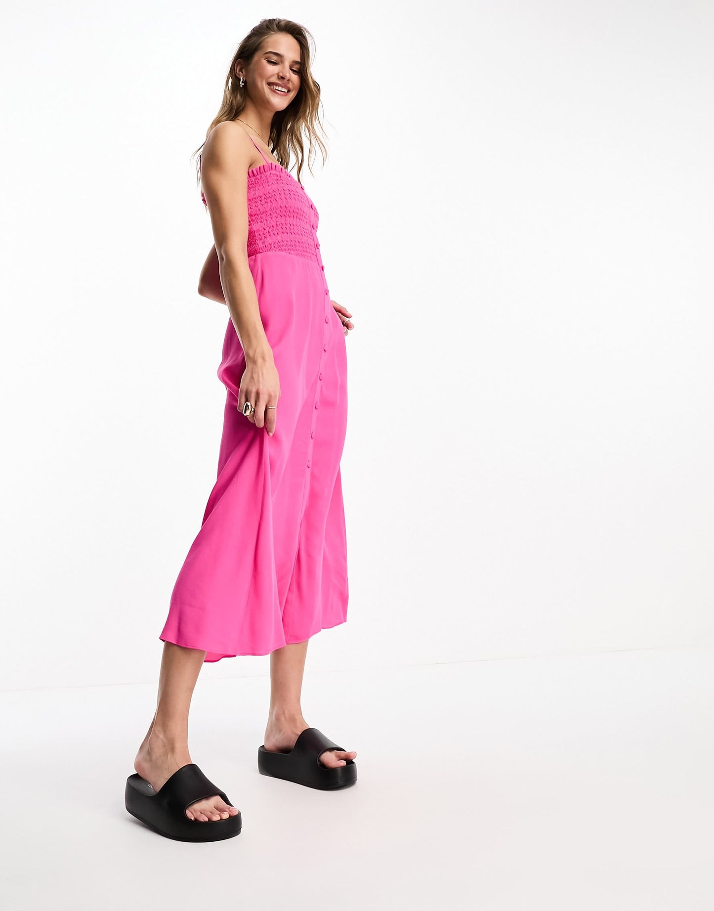 Whistles Gracia smocked midi dress in bright pink