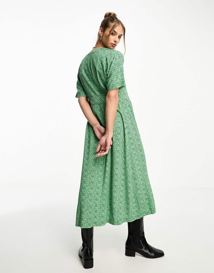 Whistles leopard print side button midi dress in green