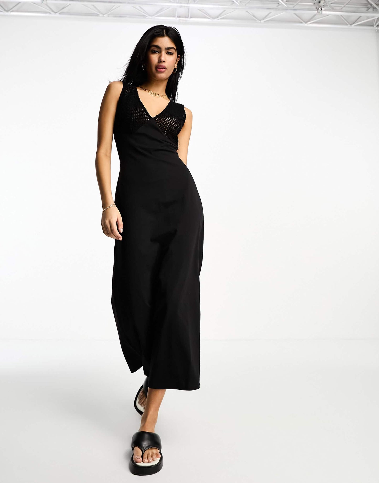 ASOS DESIGN crochet v knitted midi dress in black