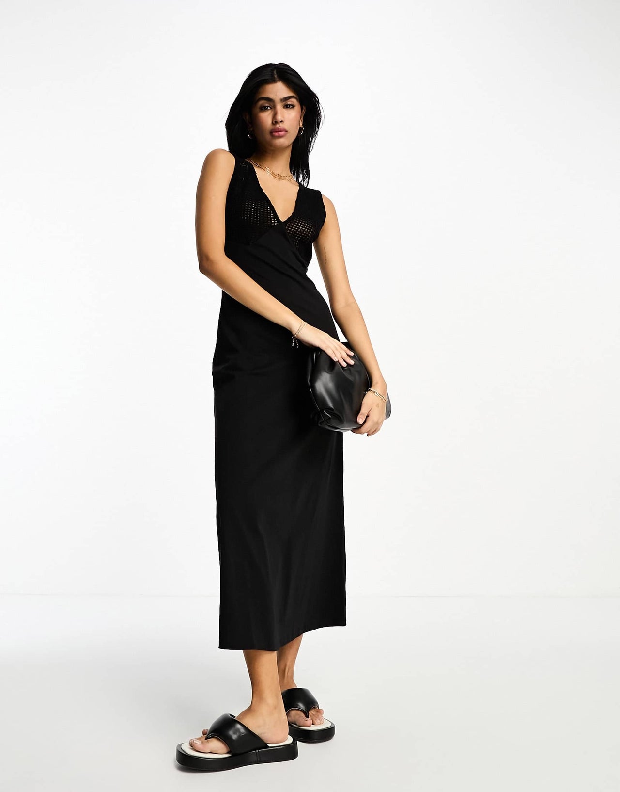 ASOS DESIGN crochet v knitted midi dress in black