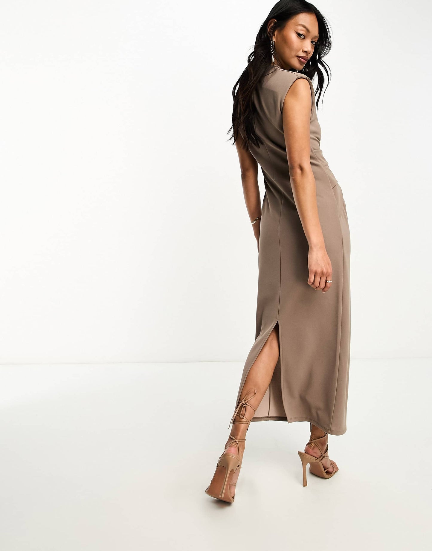 ASOS DESIGN sleeveless midi dress with shoulder pad in tan