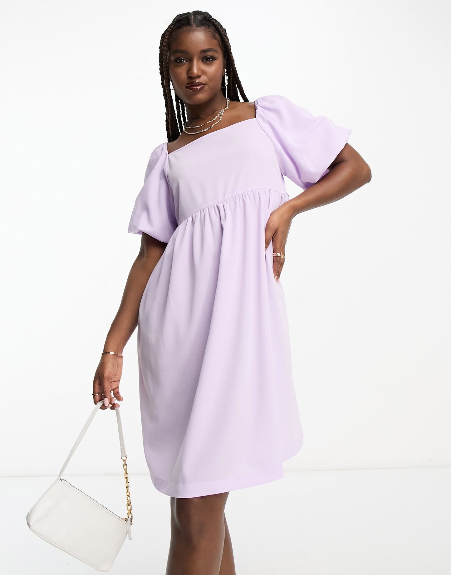 Monki crepe puff sleeve open back mini dress in lilac