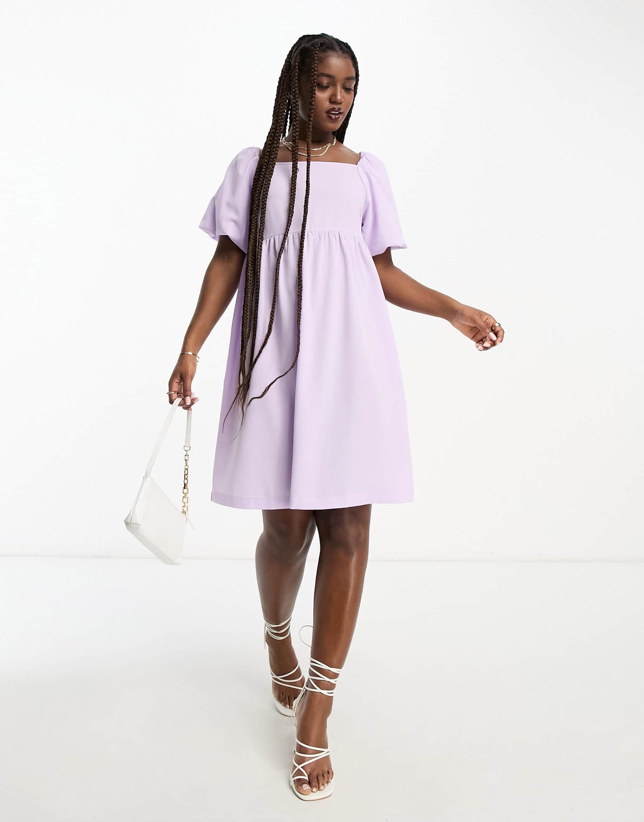 Monki crepe puff sleeve open back mini dress in lilac