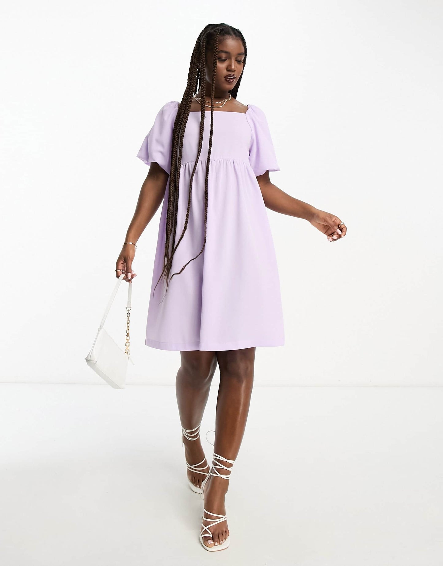 Monki crepe puff sleeve open back mini dress in lilac