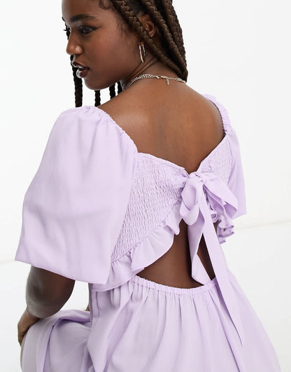 Monki crepe puff sleeve open back mini dress in lilac
