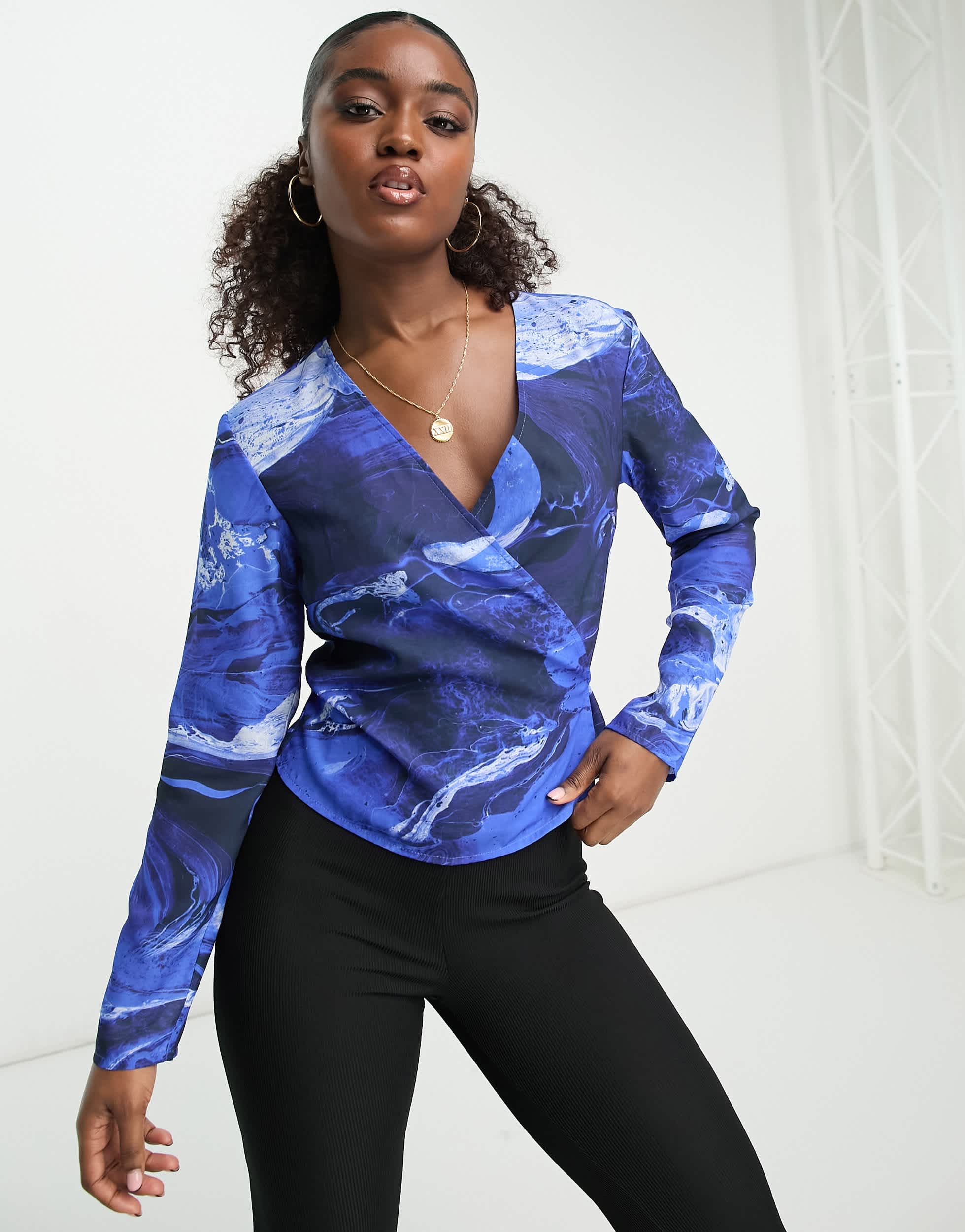 Monki tie waist wrap blouse in blue liqud print