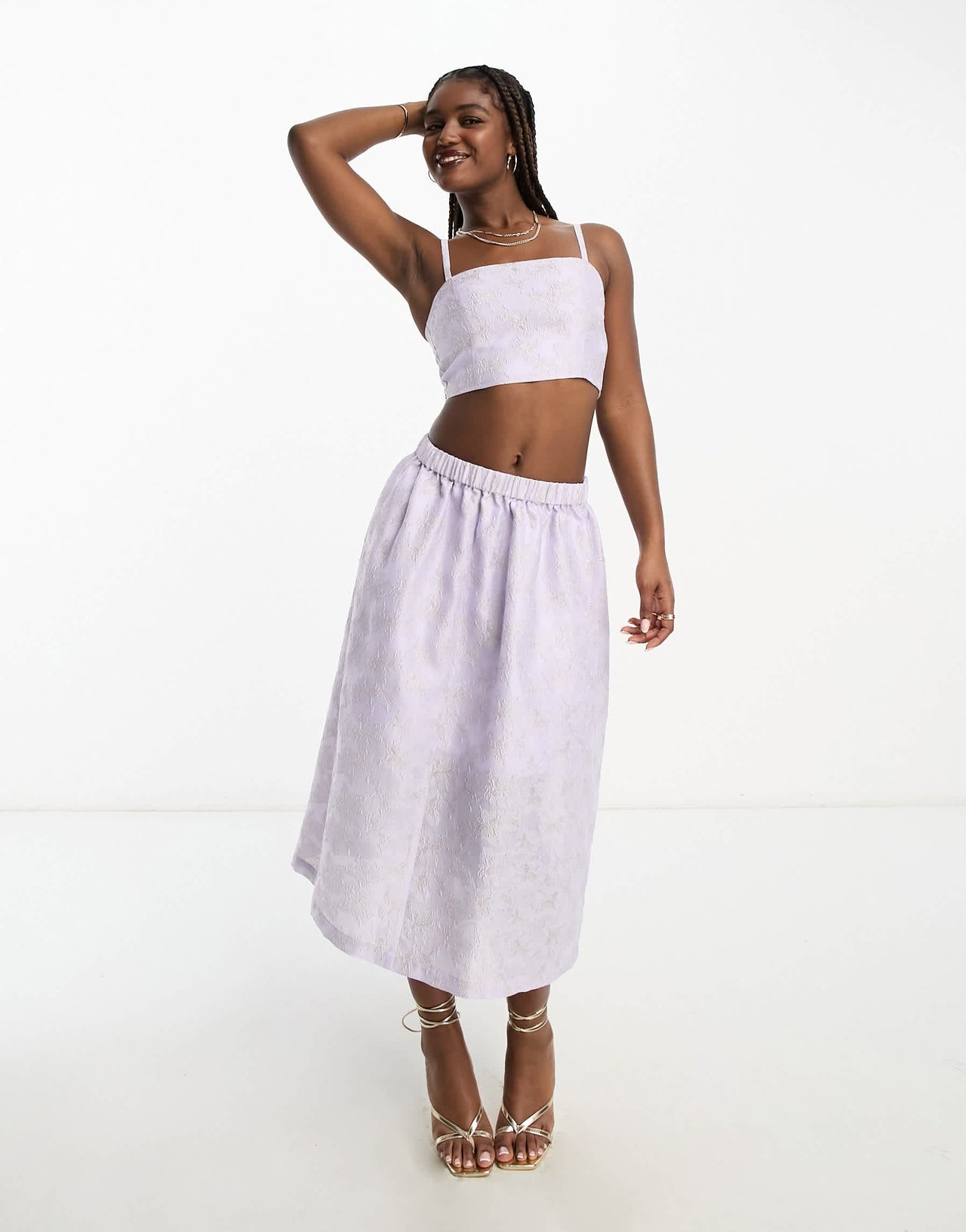 Monki co-ord floral shimmer brocade midi skirt in lilac