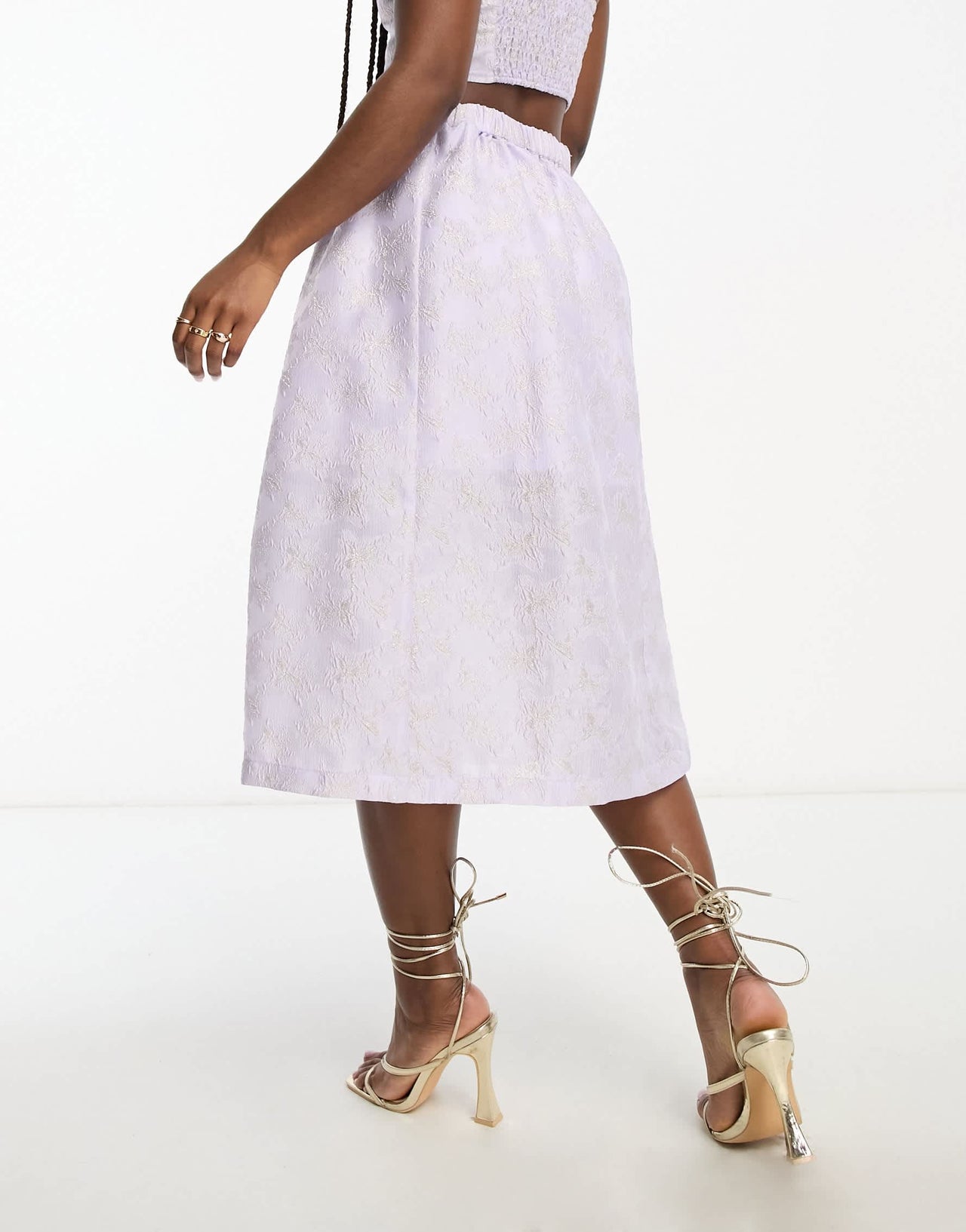 Monki co-ord floral shimmer brocade midi skirt in lilac