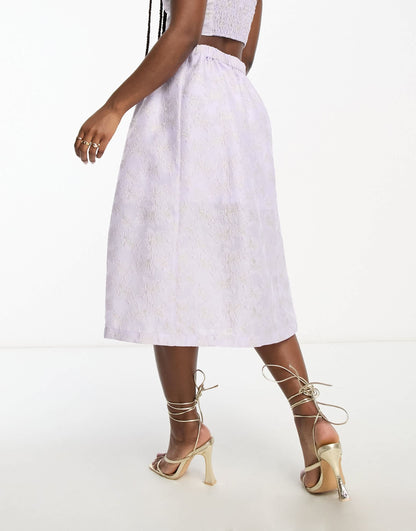 Monki co-ord floral shimmer brocade midi skirt in lilac