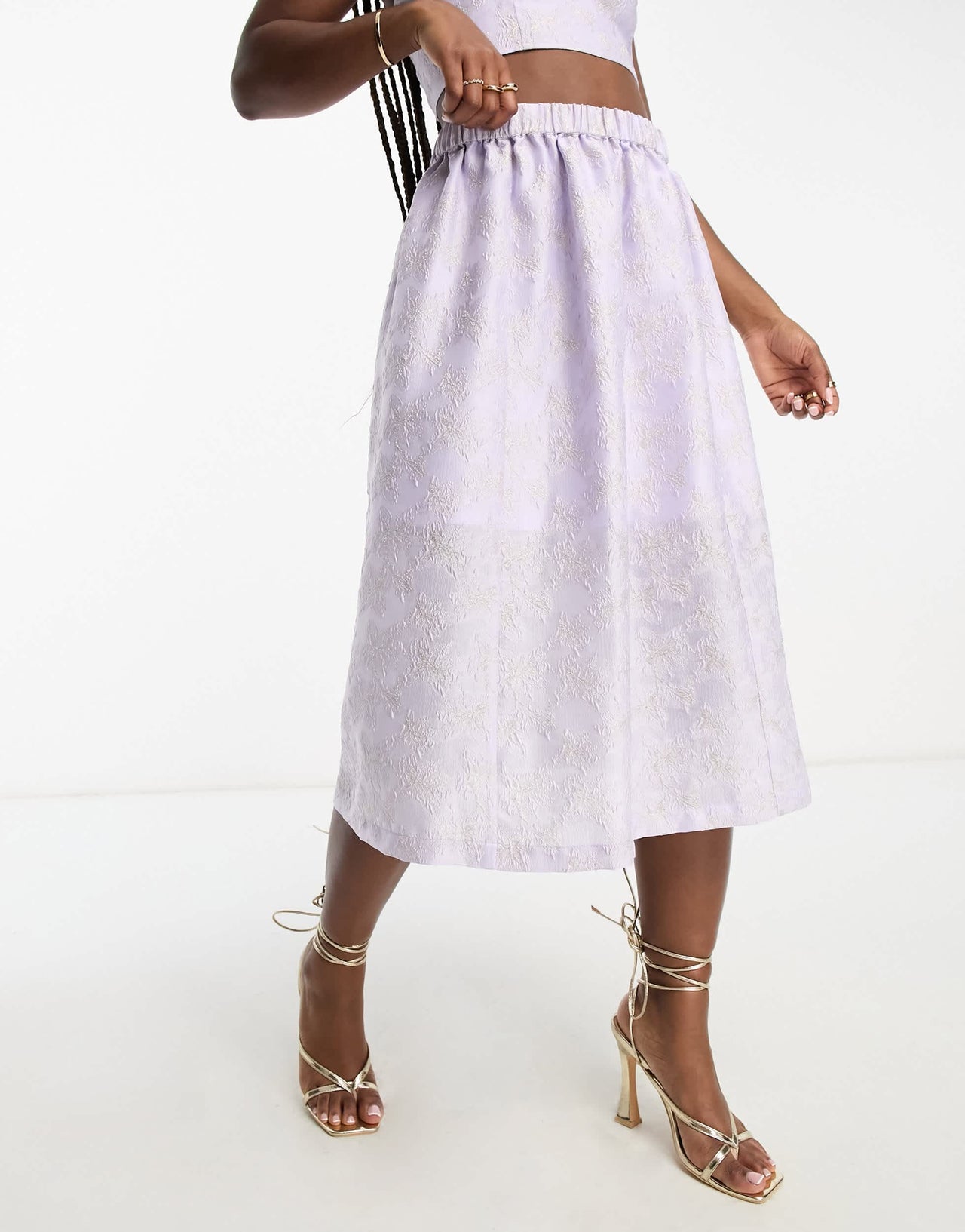 Monki co-ord floral shimmer brocade midi skirt in lilac