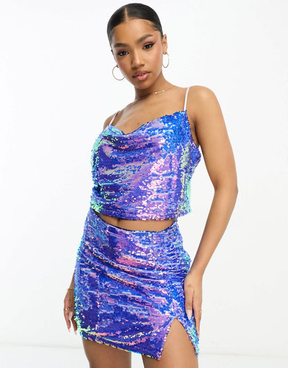Monki co-ord sequin mini skirt with side split in multi
