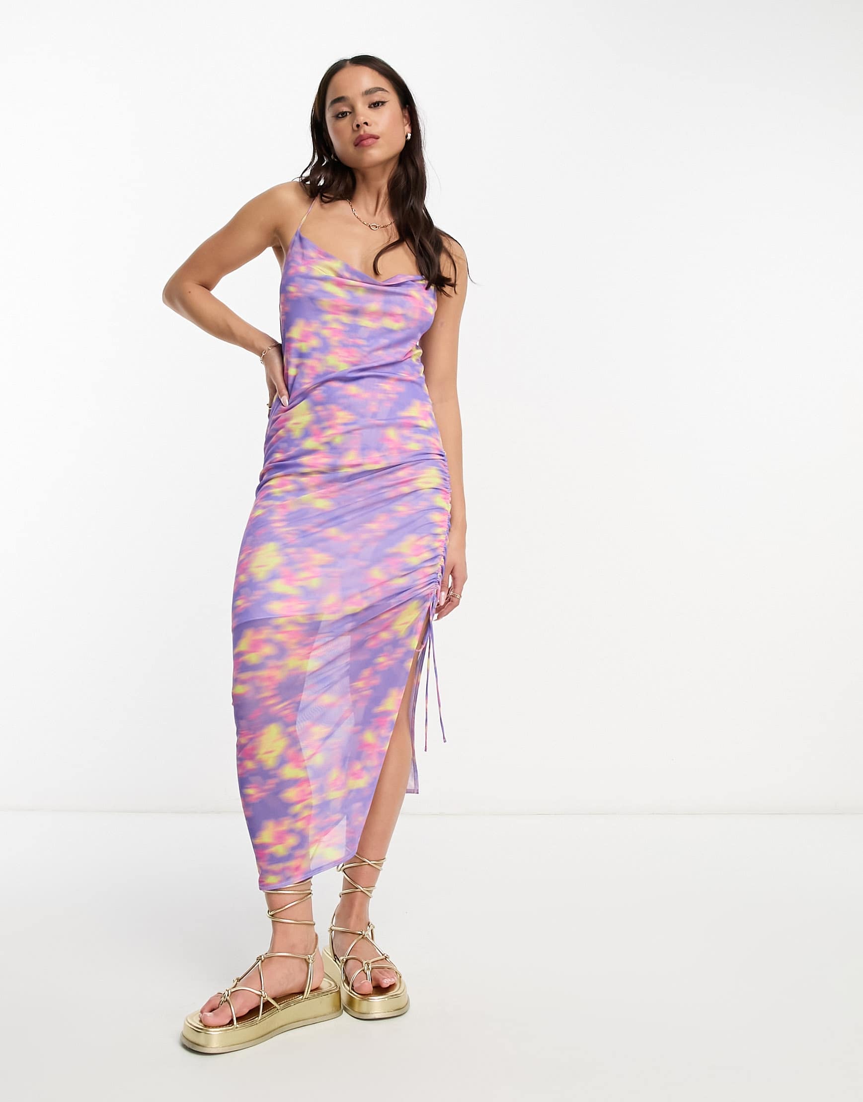 Monki mesh cami gathered midi dress in blurred flower print