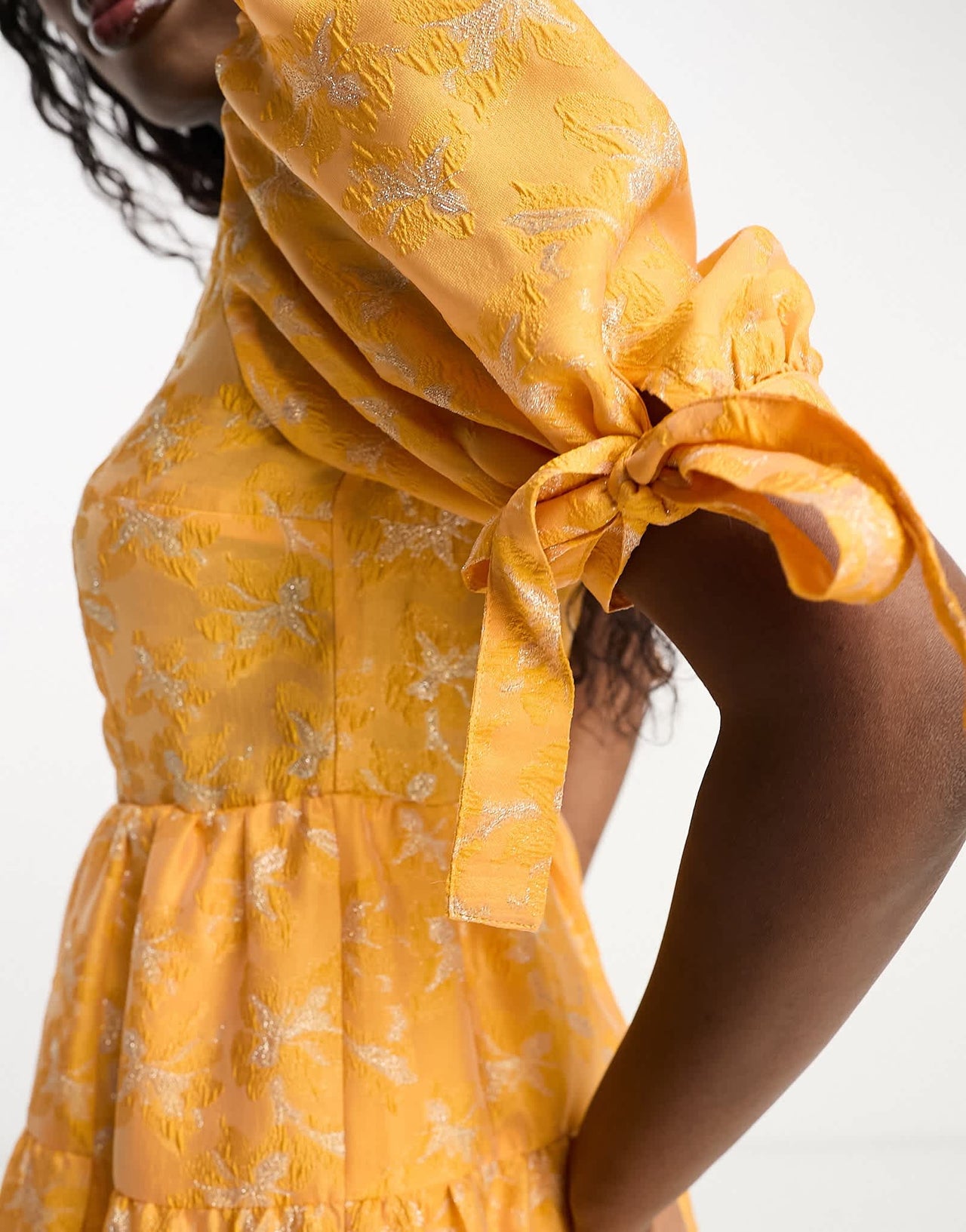 Monki balloon sleeve floral shimmer brocade midi dress in orange