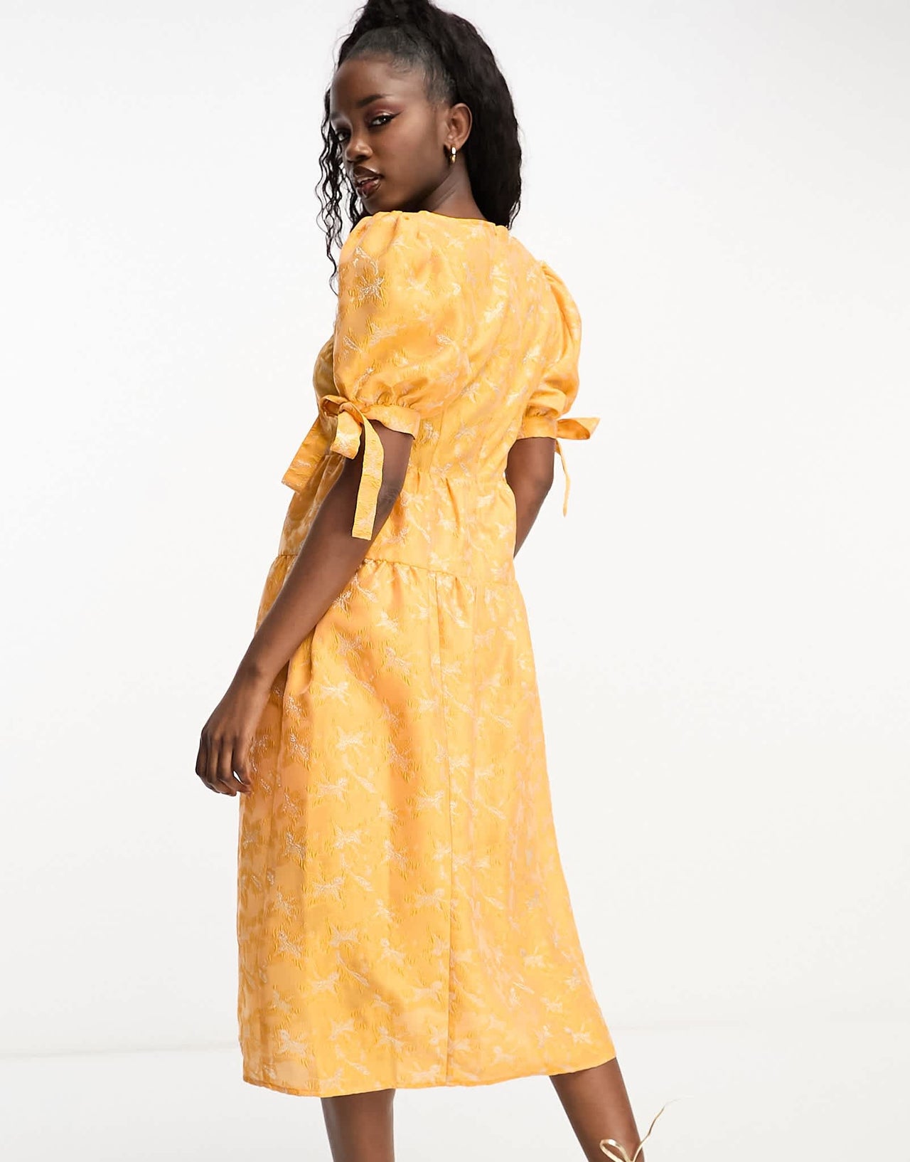 Monki balloon sleeve floral shimmer brocade midi dress in orange