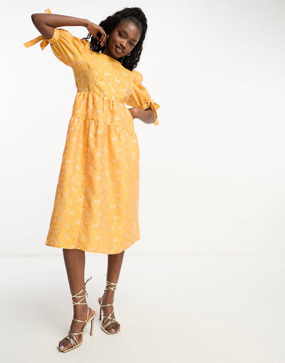 Monki balloon sleeve floral shimmer brocade midi dress in orange