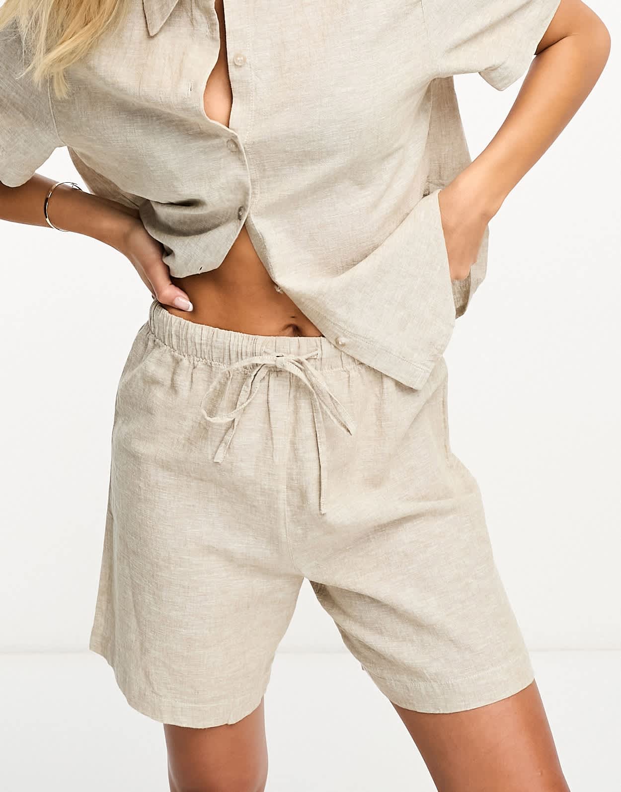 Monki co-ord linen drawstring shorts in beige