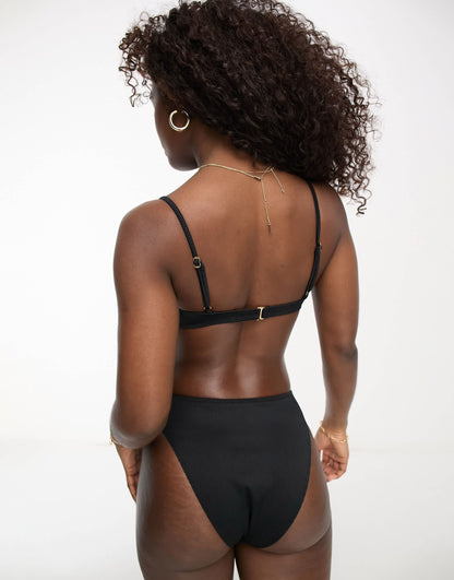 Hollister ribbed co-ord bikini top with front cinching in black