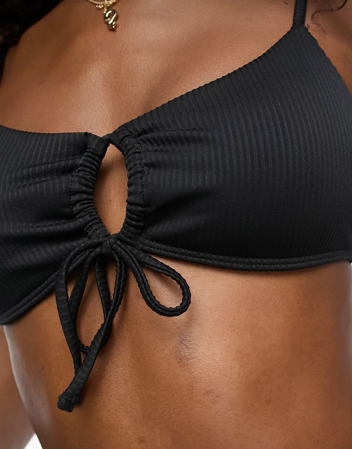 Hollister ribbed co-ord bikini top with front cinching in black