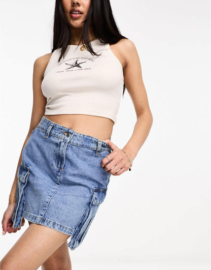 Miss Selfridge cargo pocket denim mini skirt in mid wash blue