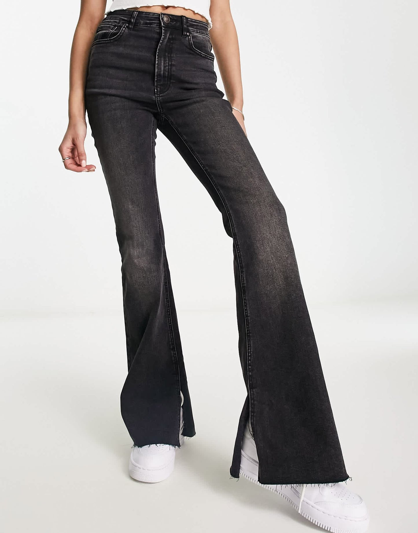 Stradivarius flare jean with side split in black