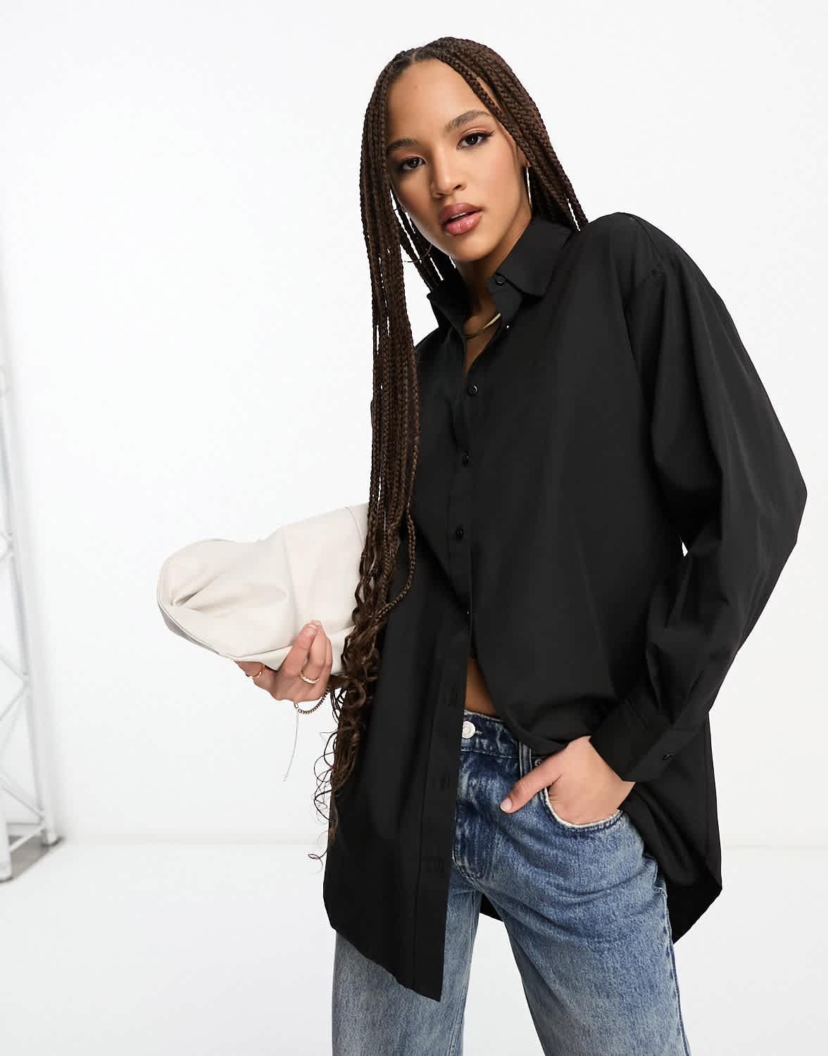 Stradivarius oversized cotton shirt in black