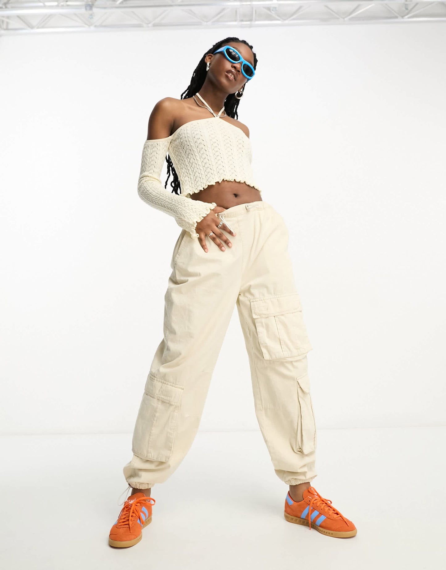 Stradivarius STR halter neck top with cold shoulder in ecru