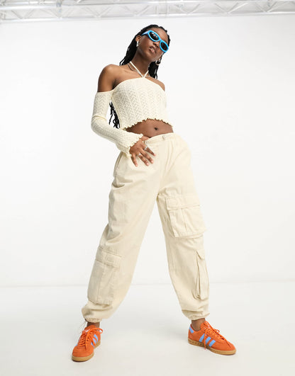 Stradivarius STR halter neck top with cold shoulder in ecru