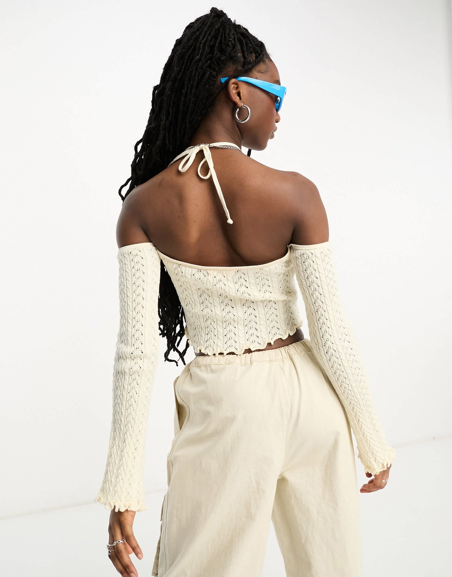 Stradivarius STR halter neck top with cold shoulder in ecru