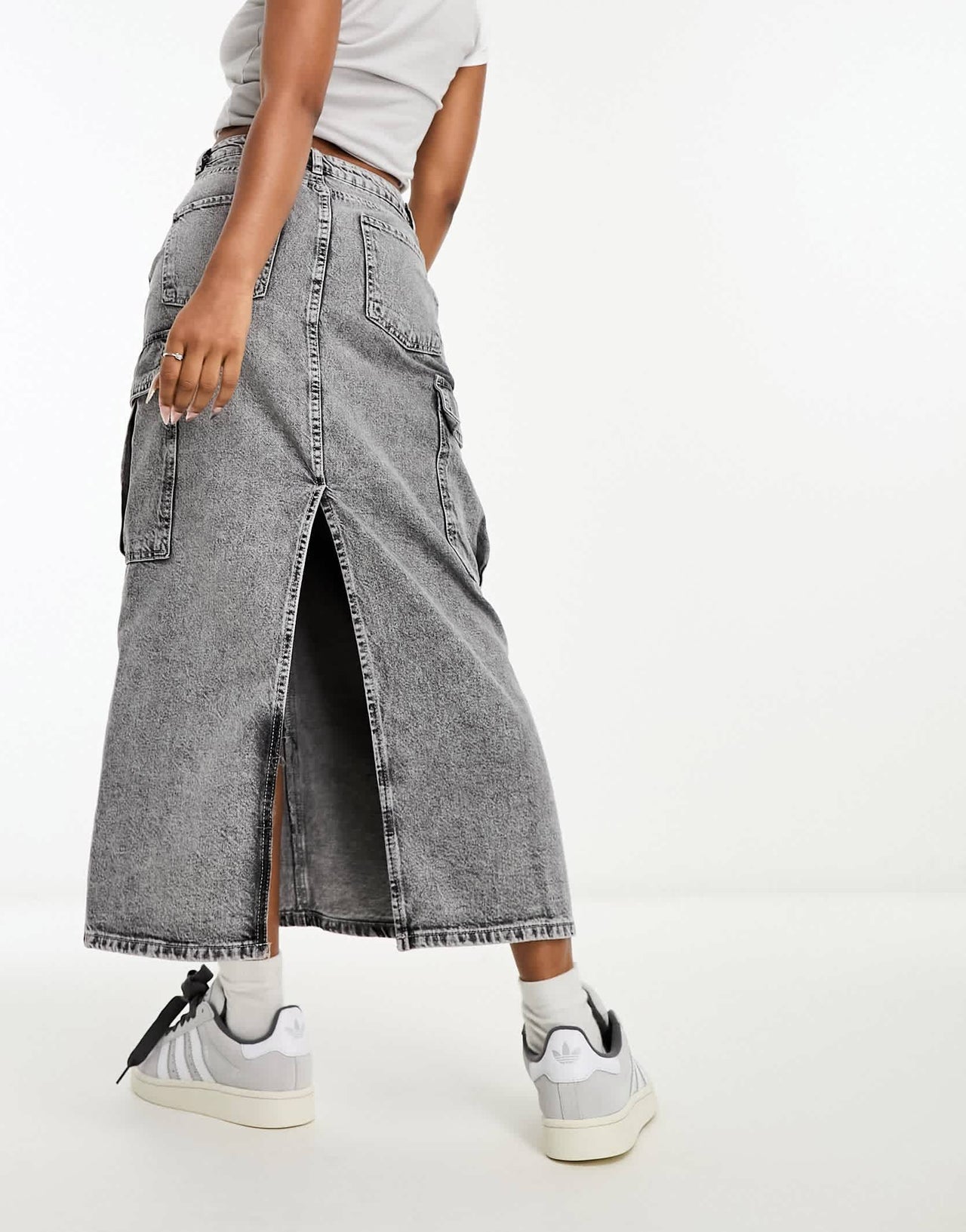 Stradivarius STR denim cargo maxi skirt in washed grey