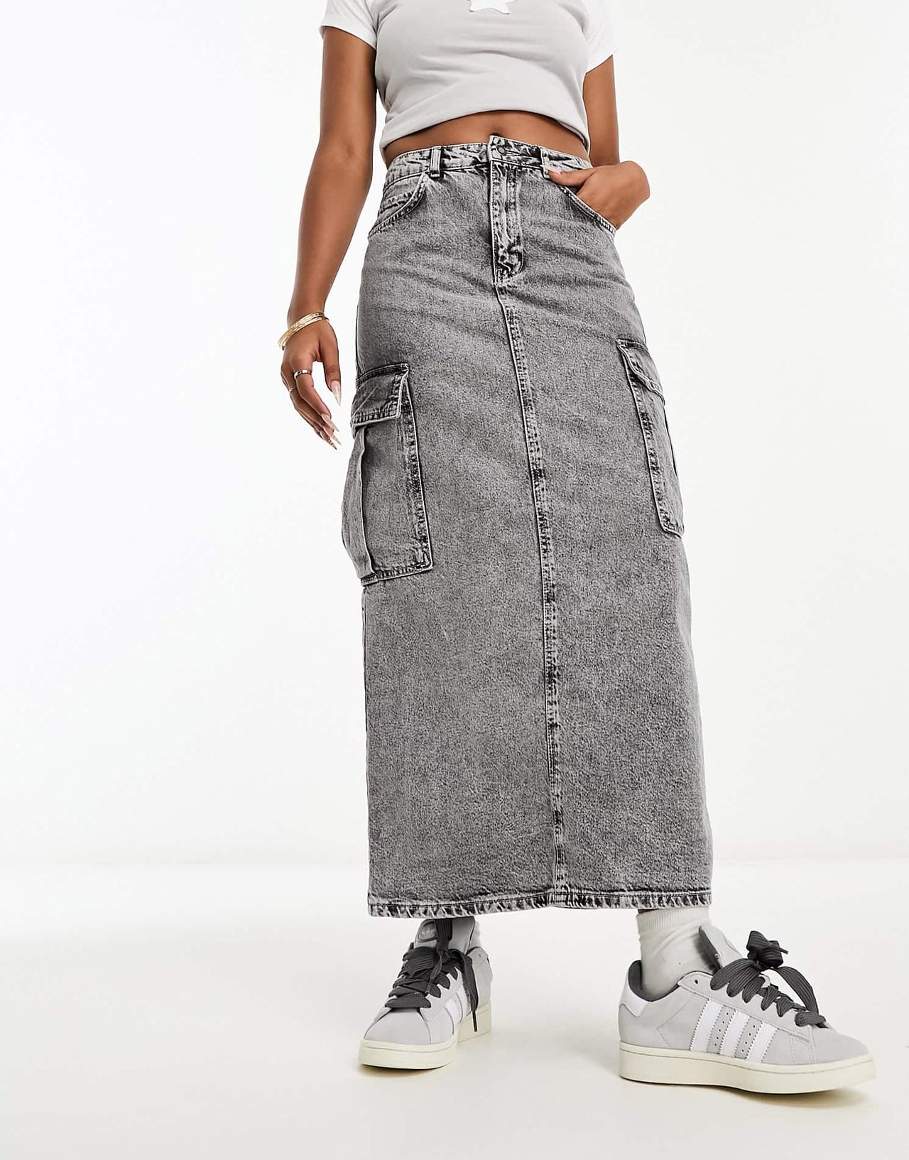 Stradivarius STR denim cargo maxi skirt in washed grey