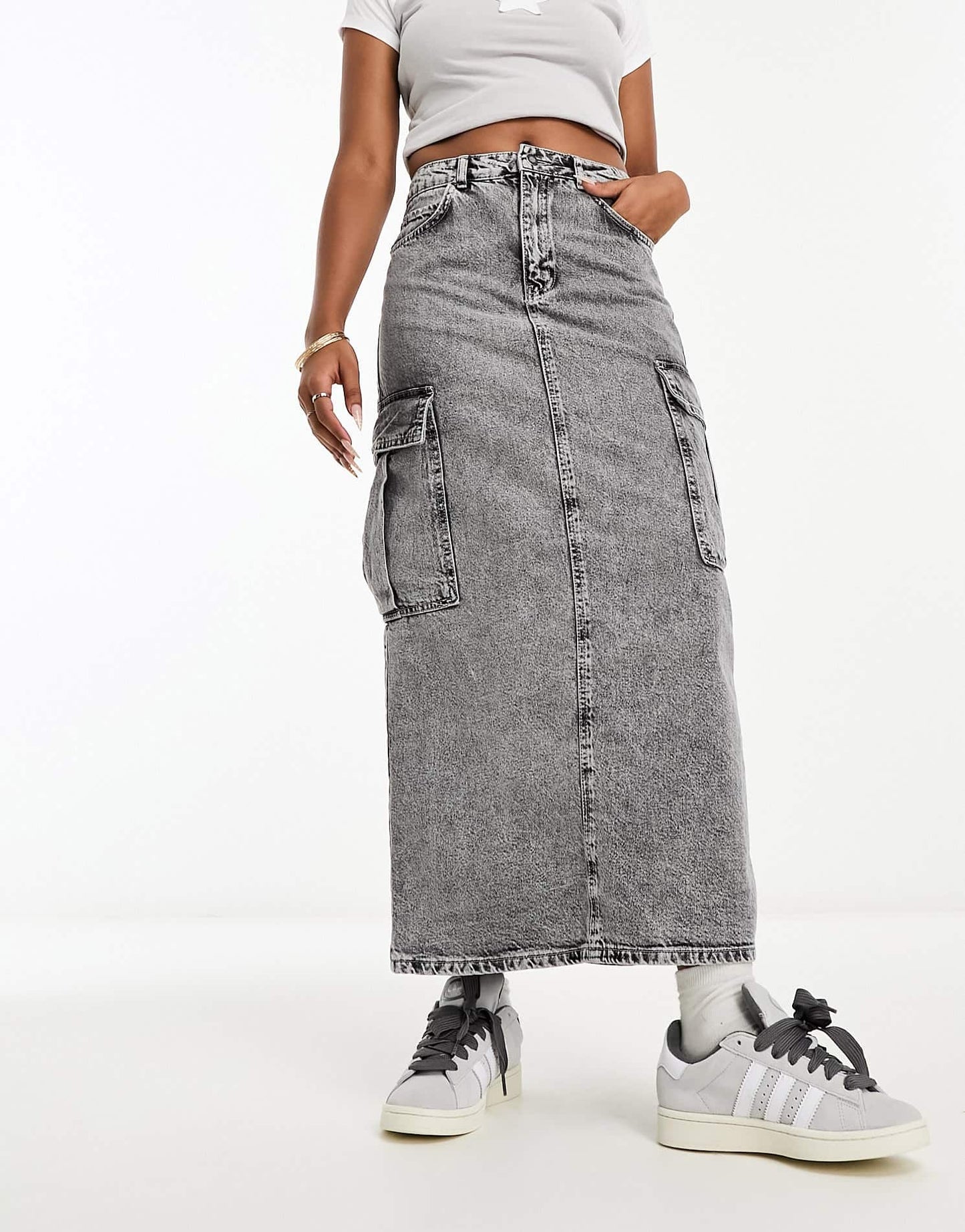 Stradivarius STR denim cargo maxi skirt in washed grey