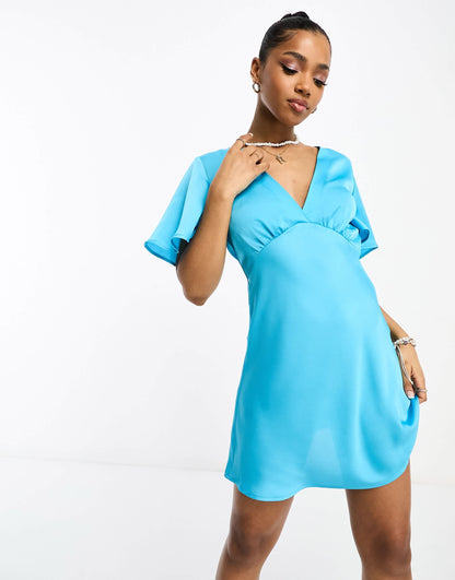Stradivarius satin mini tea dress in electric blue
