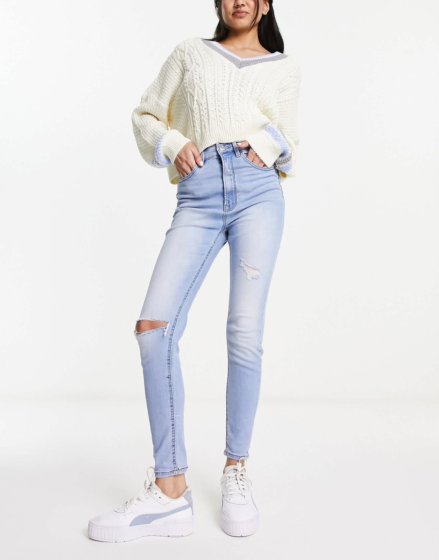 Stradivarius super high waist skinny jean with rip in light blue