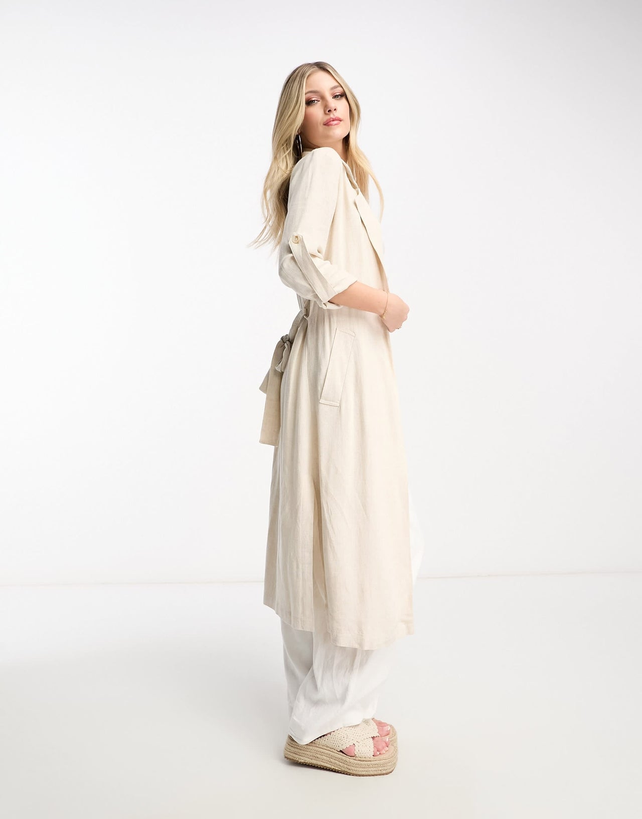 Stradivarius linen look trench coat in natural