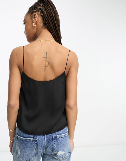 Stradivarius scoop neck satin cami in black