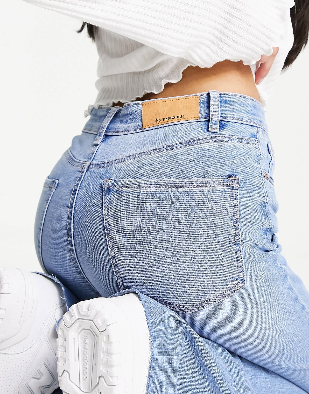 Stradivarius flare jean with side split in light blue