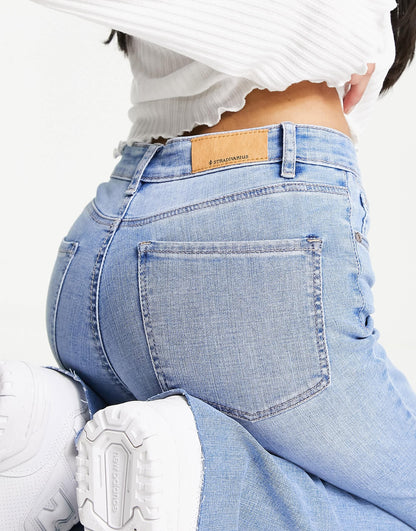 Stradivarius flare jean with side split in light blue