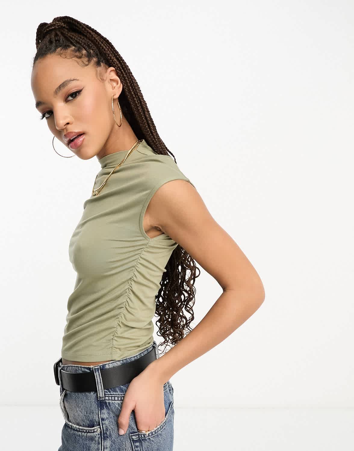 Stradivarius slinky ruched tank top in khaki
