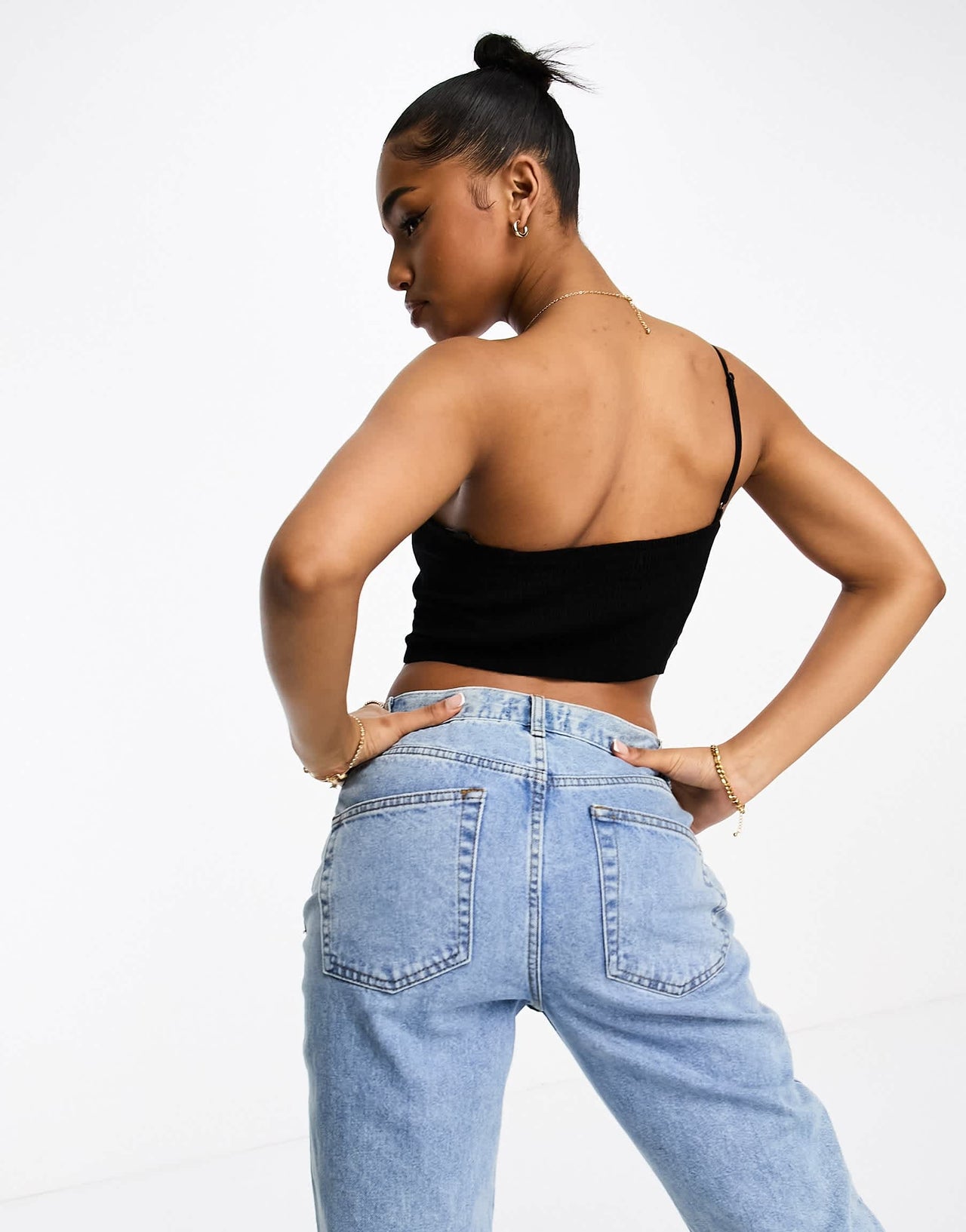 Stradivarius asymmetric linen look cami in black