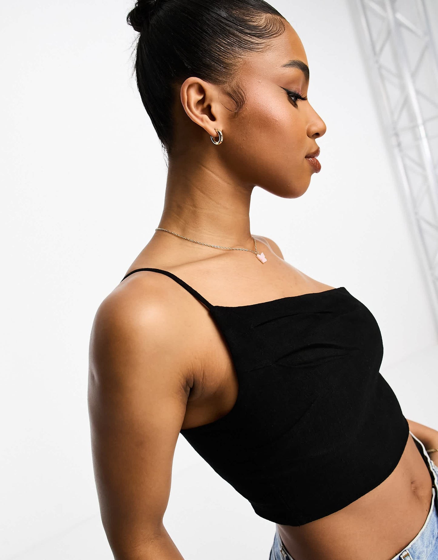 Stradivarius asymmetric linen look cami in black