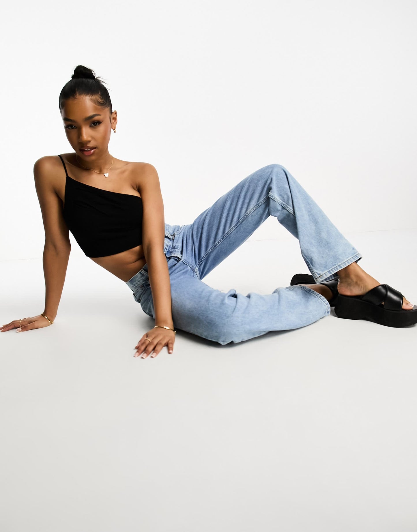 Stradivarius asymmetric linen look cami in black