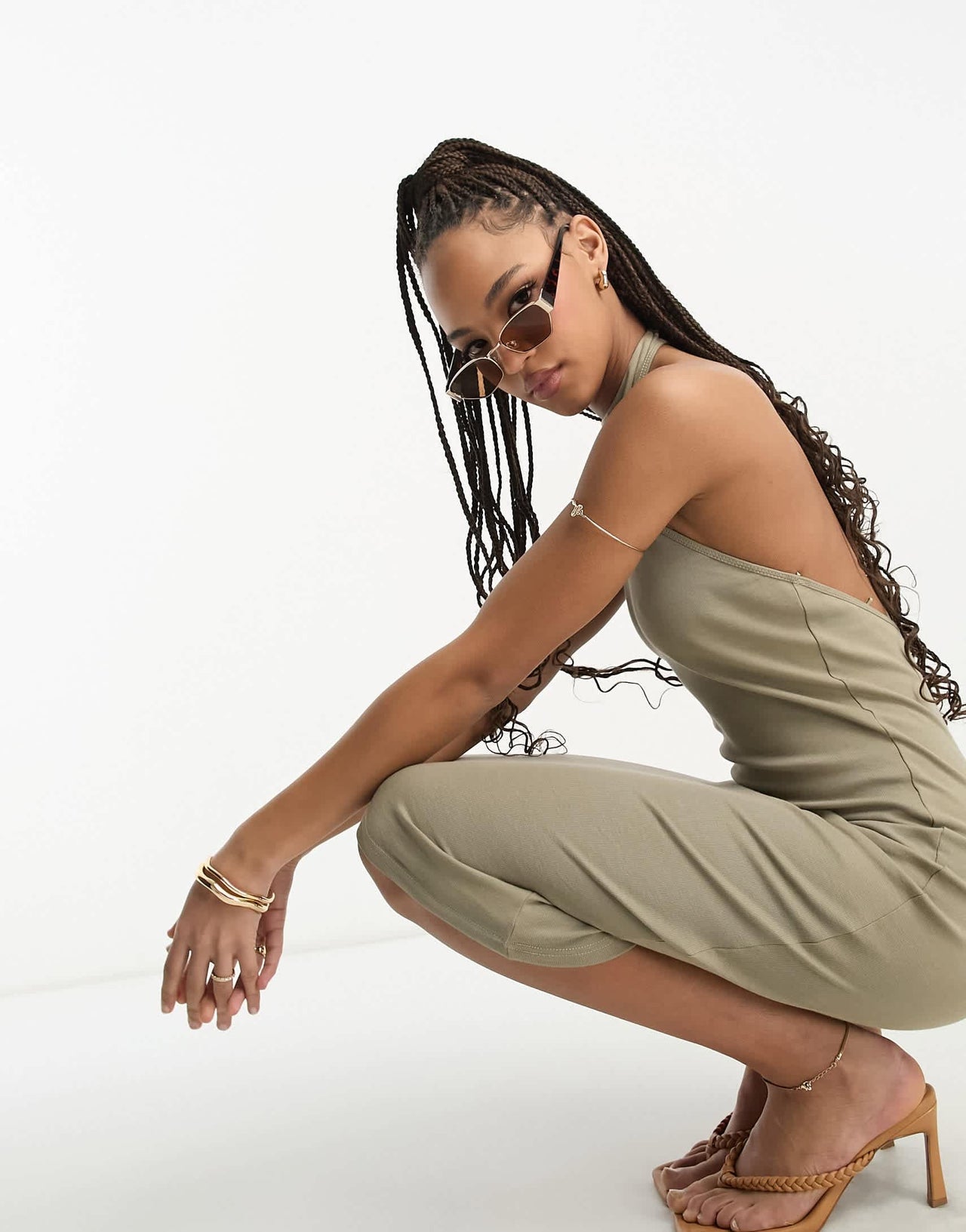 Stradivarius midaxi dress with cut out neck in khaki